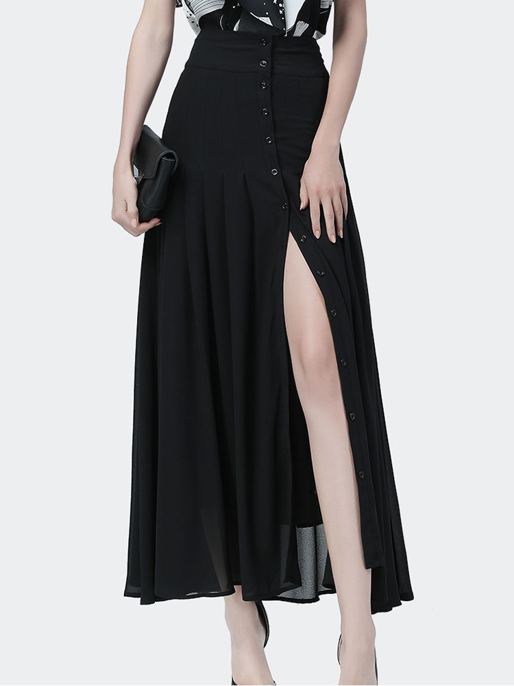 Jupe mi-longue élégante pour femmes, taille haute, Sexy, fente à boutons, maille, longue gaze, jupes plissées d'été, noires
