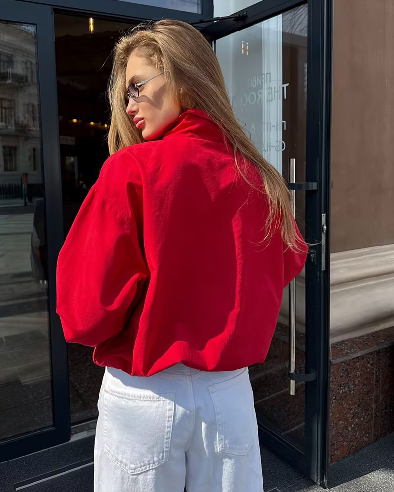 Veste Femme 2026 Nouvelle Collection – Veste Sport Décontractée Chic à Col Montant et Fermeture Éclair, Coupe Ample, Manches Longues, Rouge Oversize pour Femme