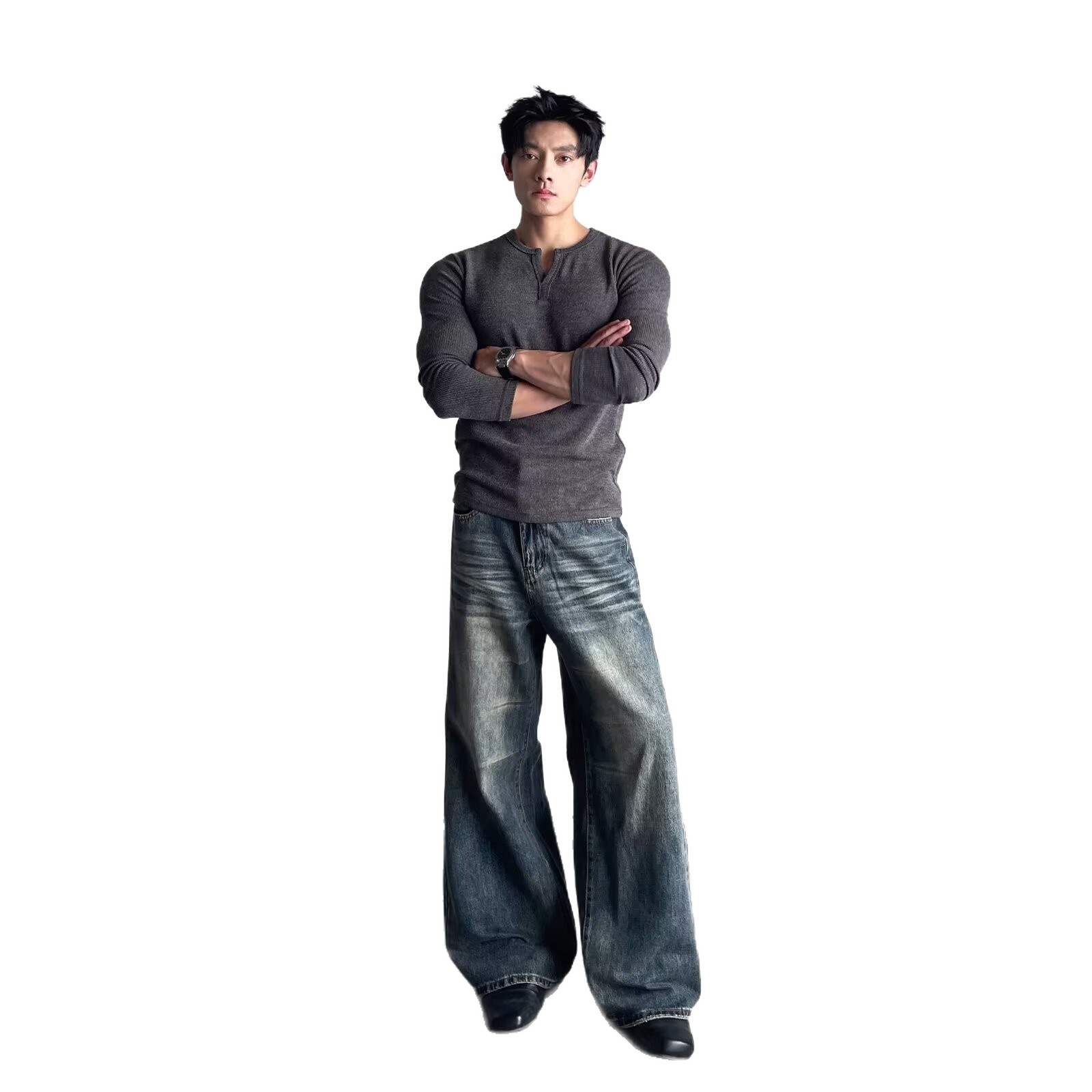 Jean droit pour homme, style décontracté urbain, coupe large, automne-hiver, pantalon long, style rétro, taille mi-haute, détail poche zippée