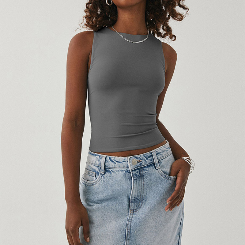 Chemise à fond serré sans manches, haut de couleur unie à col rond en forme de I, gilet décontracté