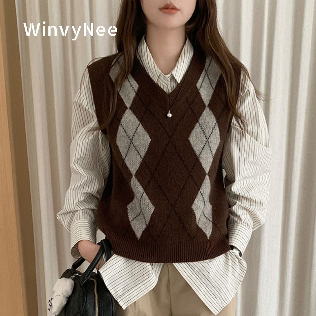 WinvyNee vêtements pour femmes tricoté laine gilet col en V Plaid réservoir vêtements d'extérieur décontractés Vintage britannique dames dessus chaud pull C1523042