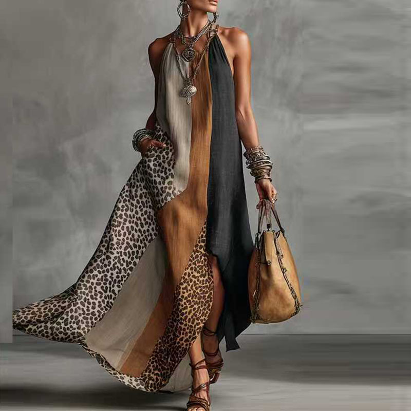 Robes de soirée élégantes pour femmes à imprimé animalier patchwork, collection Printemps 2026, robe longue à col halter et ourlet fendu, robe maxi sans manches pour les vacances d'été