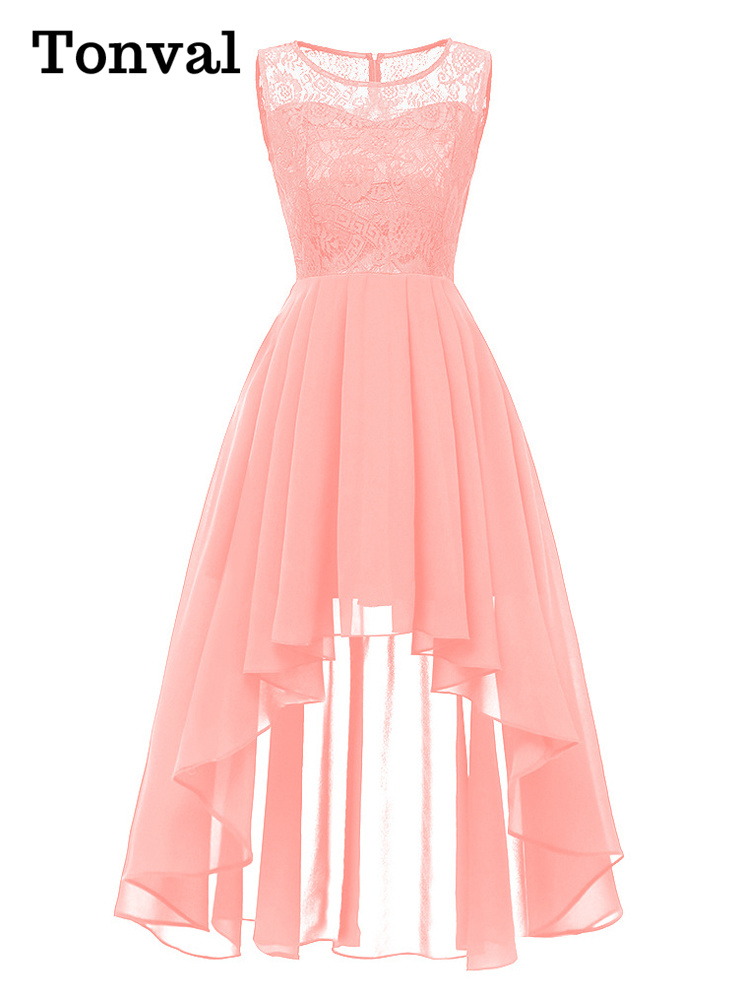 Tonval-Robe de Soirée Élégante en Dentelle pour Femme, Tenue en Mousseline de Soie, Ourlet Haut Bas, Maxi, Col Rond, Été, Vintage