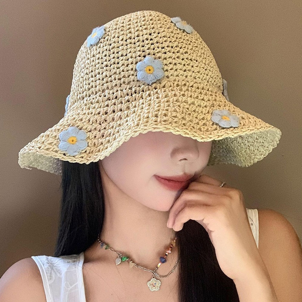 Chapeau de paille fleuri pour femme, chapeau de pêcheur pliable anti-UV pour l'été, chapeau tressé ajouré style vacances