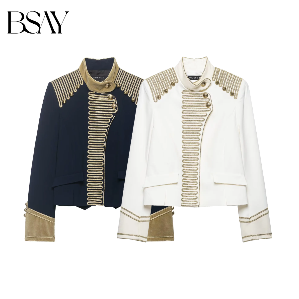 BSAY Nouvelle Veste Courte Napoléonienne Vintage pour Femme avec Broderie Chaîne Dorée, Col Montant, Poignets Contrastants, Boutons Décoratifs, Coupe Ajustée