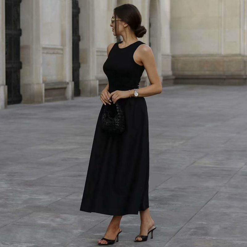 MUJER noir plissé longues robes pour femmes tricoté sans manches robe Maxi femme Vintage fête femmes robes printemps tenue décontractée