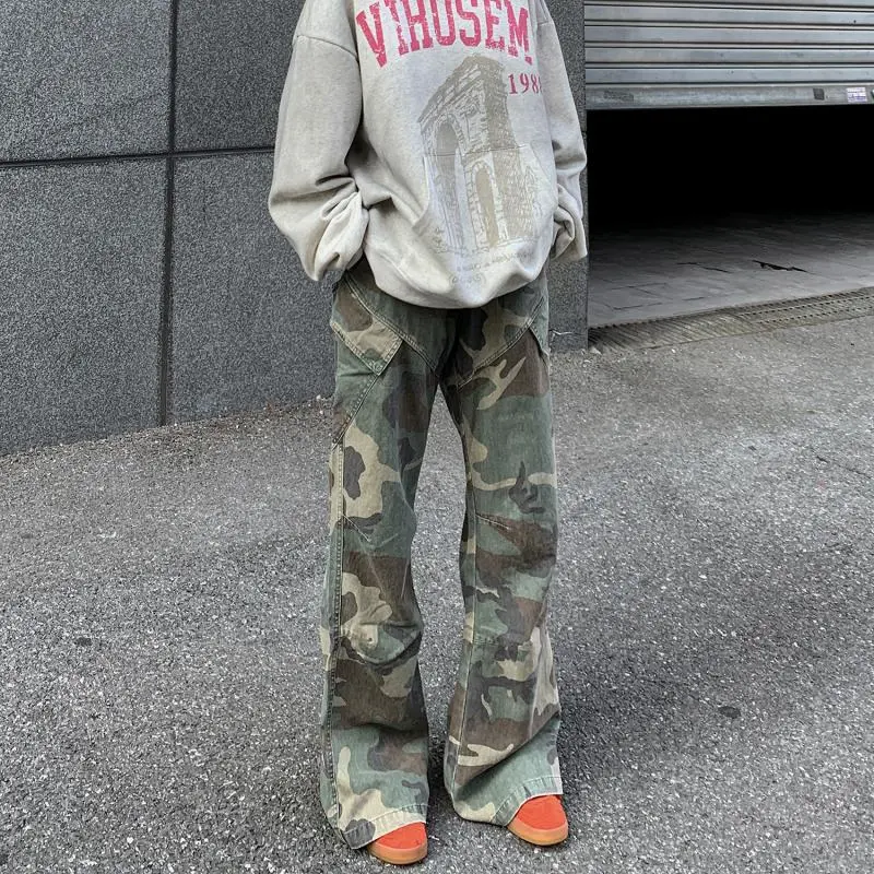 Pantalon cargo ample camouflage coupe bootcut pour homme – Style streetwear décontracté printemps-automne – Tendance rétro américaine