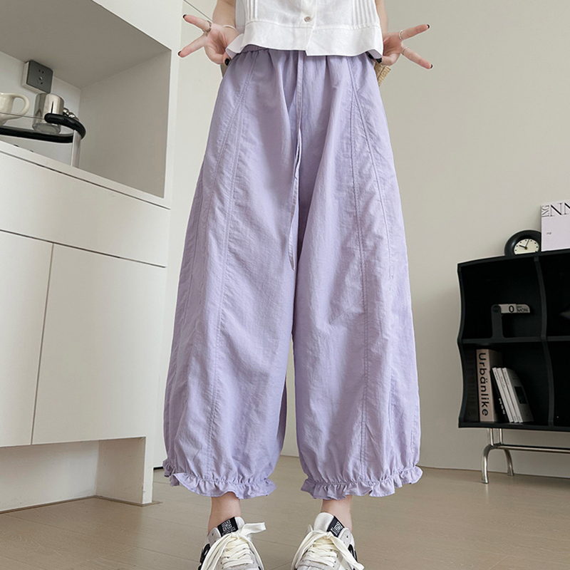 Pantalon coréen tendance à volants pour femme, coupe lanterne, ample, longueur cheville, jambe large, taille élastique unie, décontracté, pour l'été