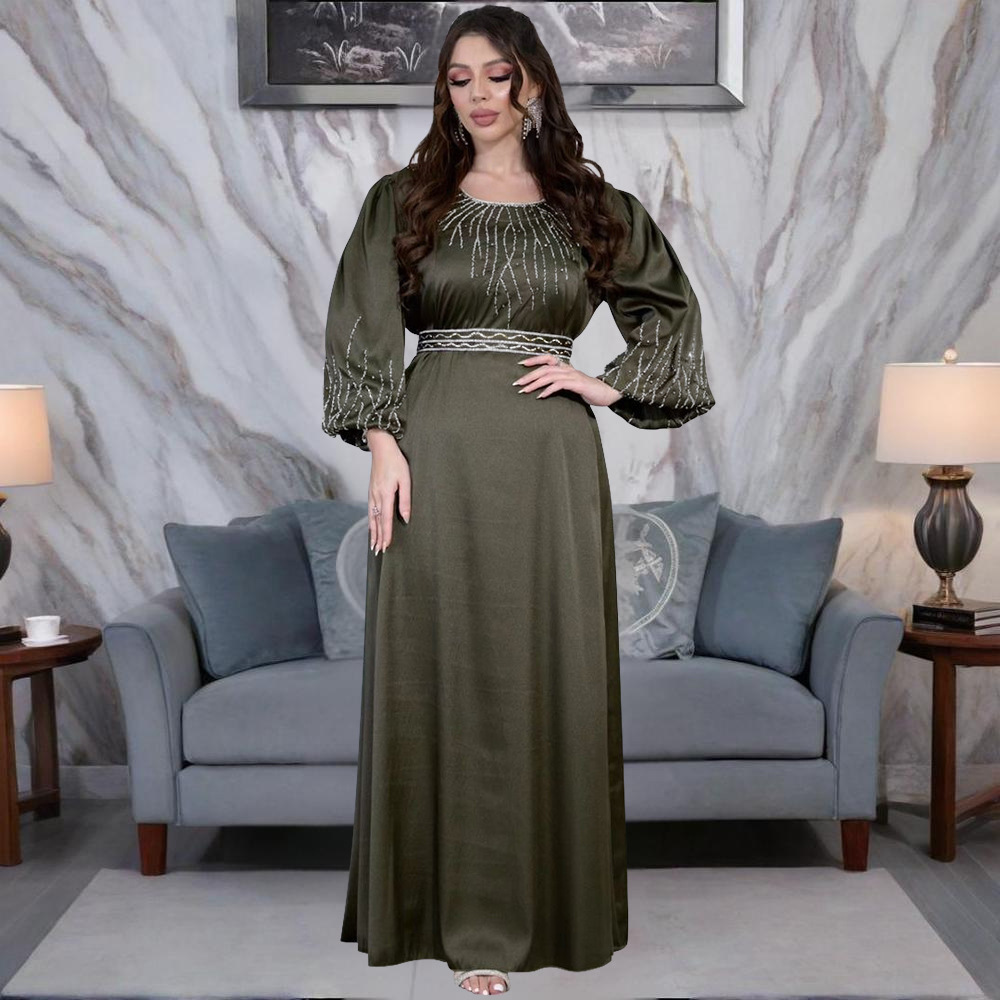 2025 Moyen-Orient Dubaï Femmes Élégant Hotfix Diamant Ceinture Maxi Robe Robe De Soirée, Robe Longue Robe Musulmane Saoudienne