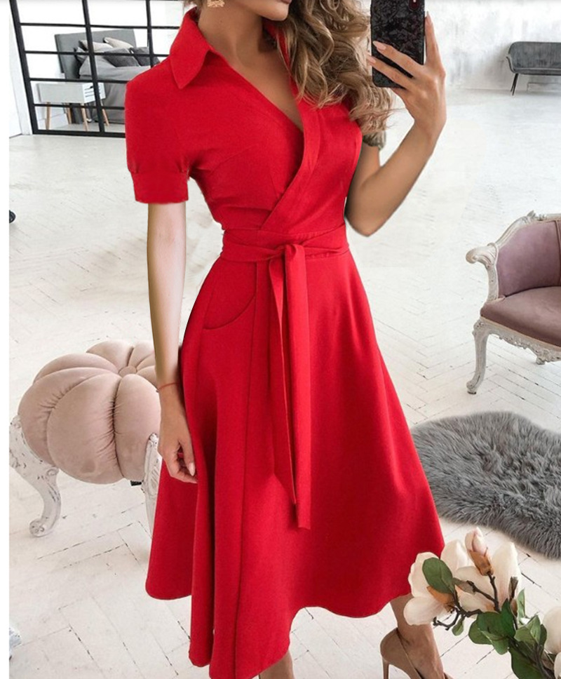 Robe mi-longue à manches courtes pour femmes, col en V, avec ceinture à nouer soi-même et poches latérales, pour tenue décontractée, de soirée ou de fête