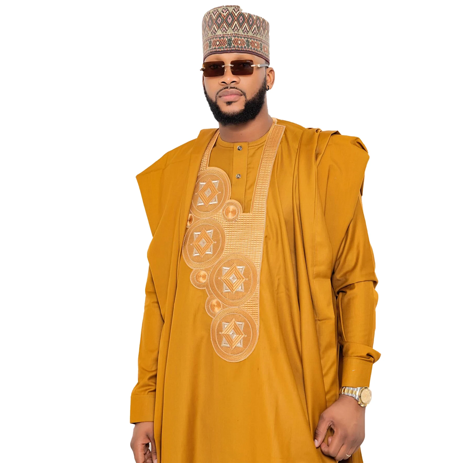 Vêtements africains pour hommes, ensemble traditionnel Bazin Riche brodé, haut à manches longues, 3 pièces