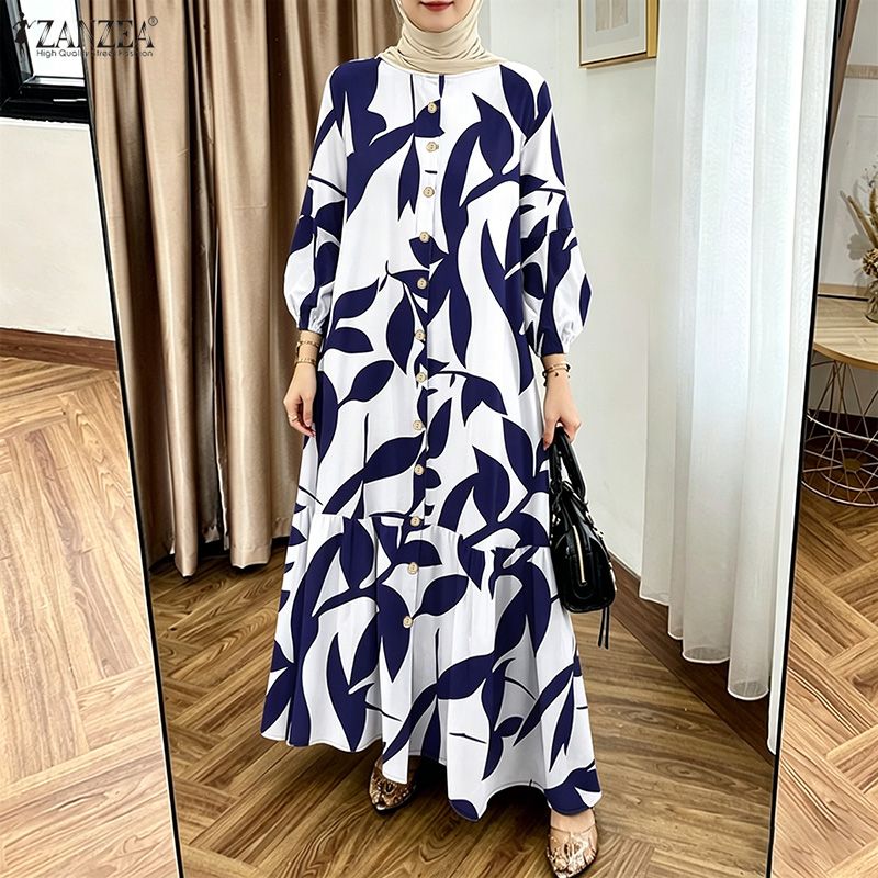 Robe Abaya musulmane imprimée bohème pour femmes, robes longues ZANZEA, kaftan à manches lanternes, boutons, Vestidos Robe Femme