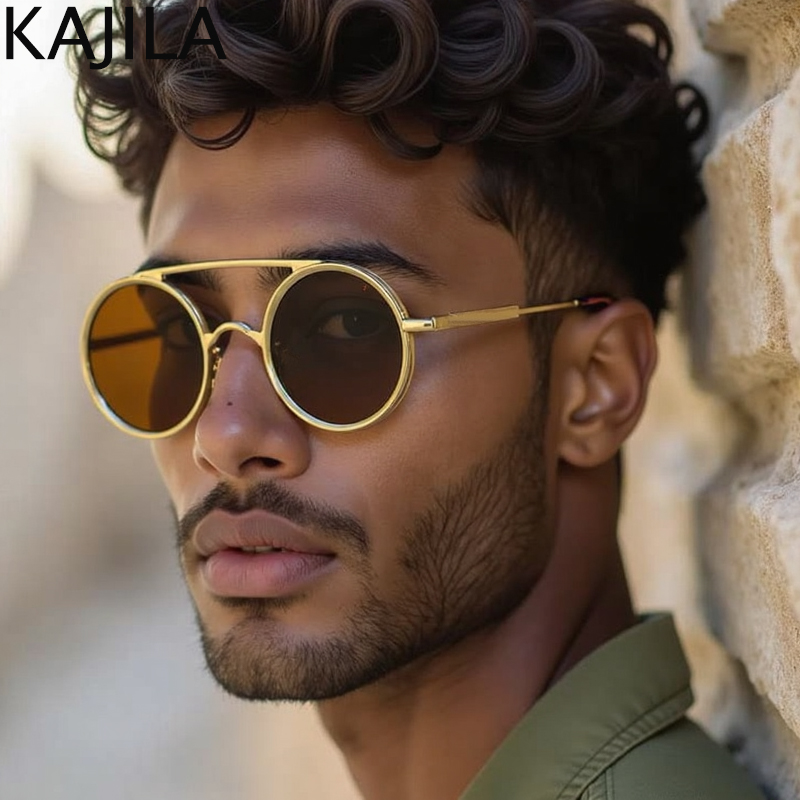 Petit Rond Steampunk lunettes de Soleil Hommes 2025 De Luxe Marque Vintage En Métal Cadre Punk Lunettes de Soleil pour Mâle Double Faisceau Nuances UV400