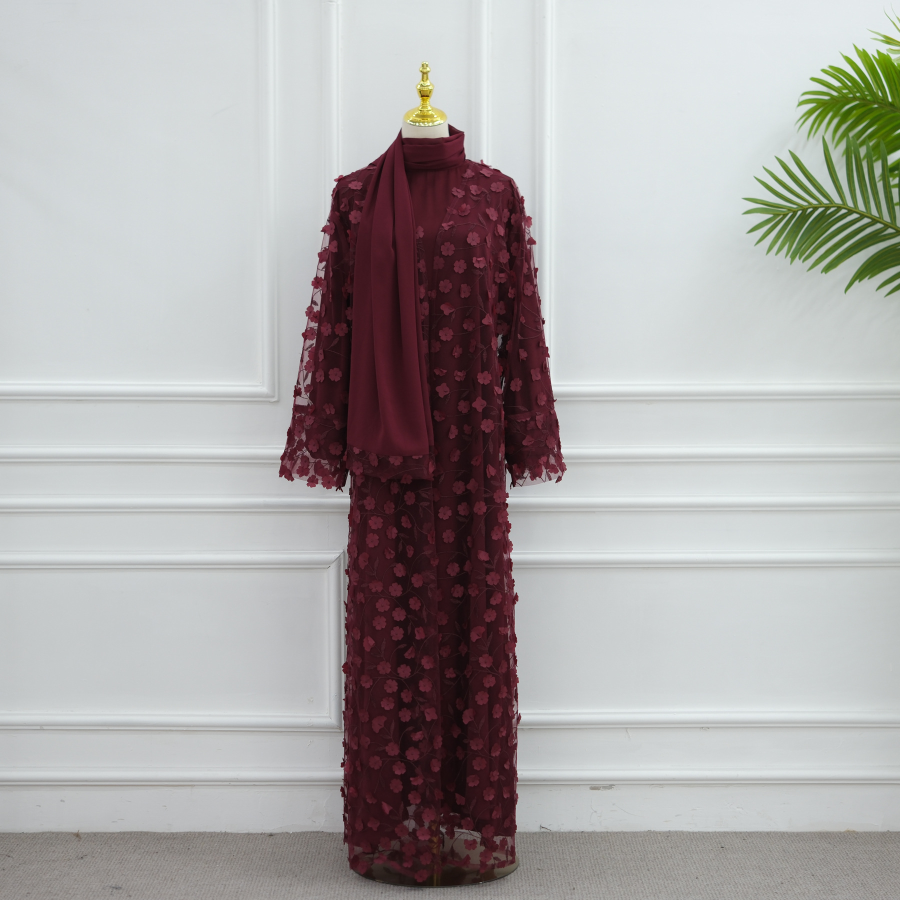 Abaya de Luxe 2026 pour l'Aïd, Ensemble 3 Pièces avec Broderie Florale 3D et Dentelle, Robe Musulmane Modeste pour Femme avec Sous-Robe et Hijab