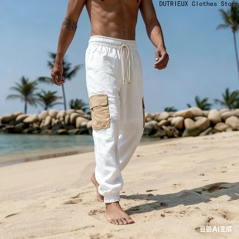 Pantalons en coton et lin pour hommes, pantalons décontractés respirants doux et confortables, pantalons de travail pour hommes de rue et de vacances à la mode