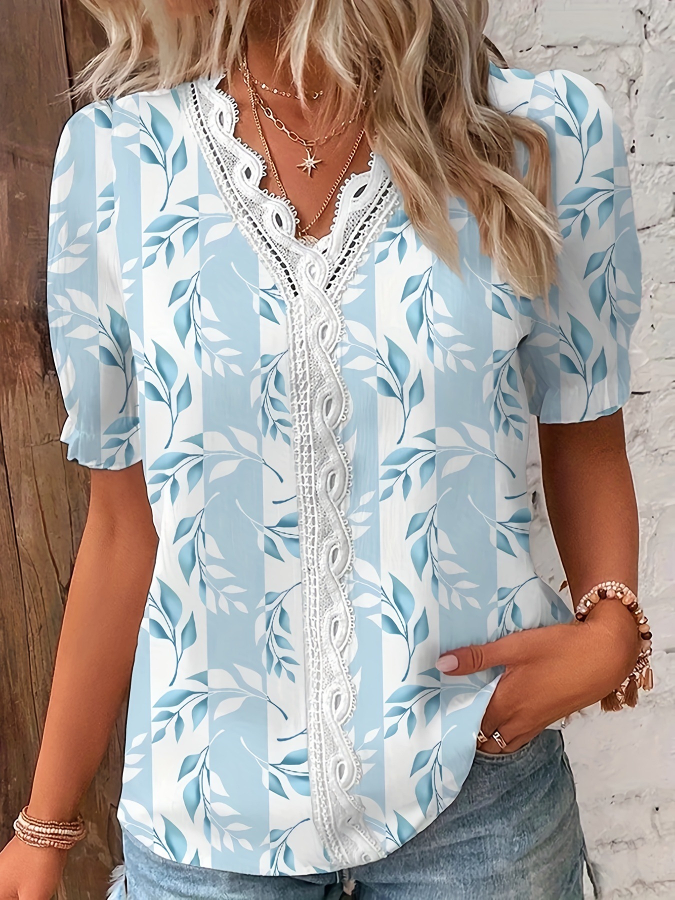 Chemisier à manches courtes en dentelle unie pour femme, col en V basique décontracté, chemise violette, blanc, régulier, grande taille