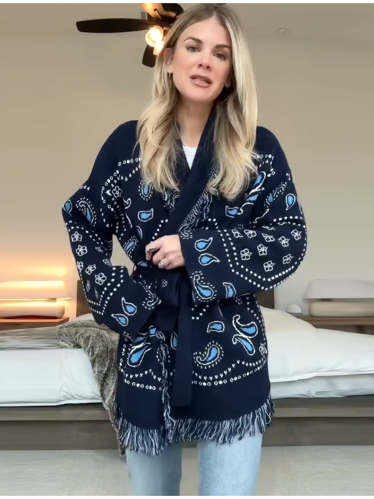 Mode frange imprimé tricoté gilet pour femmes décontracté sans manches cravate taille poches Cardigan manteau dame 2025 automne Chic vêtements d'extérieur
