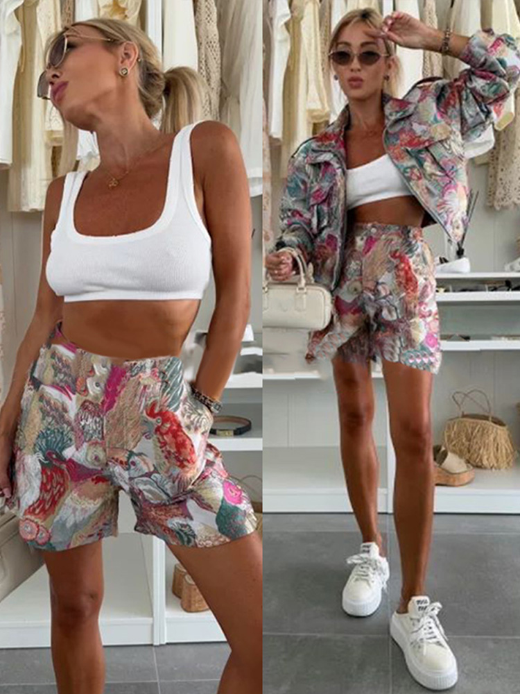 Mode imprimé pantalons courts pour femmes a-ligne taille haute bouton taille élastique lambrissé pantalon 2025 été mode femme décontracté court