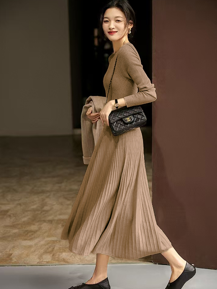 Femmes pull 100% laine mérinos robe a-ligne jupes plissées printemps automne pull cachemire mince robe évasée col rond tricots