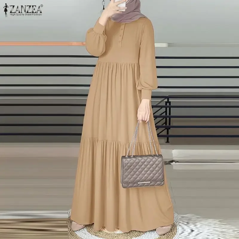 ZANZEA Élégante Abaya Musulmane Hijab Robe Longue Femme Manches Longues Robe de Ramadan Robe de Printemps Unie Ample Maxi Vestido Kaftan 2026