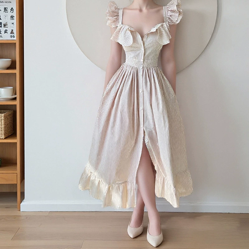 Robes longues rayées à manches volantes pour femme, élégantes, à simple boutonnage, coupe trapèze, taille haute, chic, pour l'été et les vacances