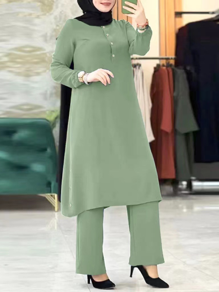 Ensemble deux pièces pour femmes arabes Eid musulmanes, chemisier et pantalon à jambes larges, Ensemble musulman, ceinture, chemise à bouton unique, vêtements modestes du Ramadan