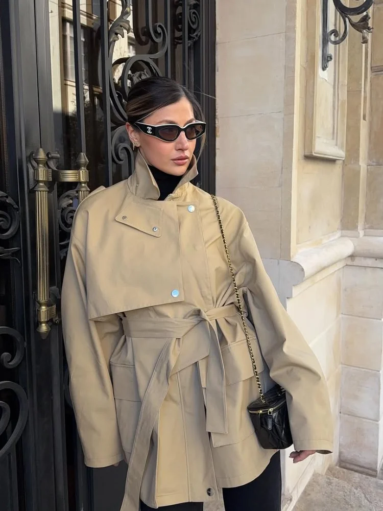 Trench-Coat kaki à simple boutonnage pour femme, élégant, revers, manches longues, poches, coupe-vent, automne, veste de rue quotidienne