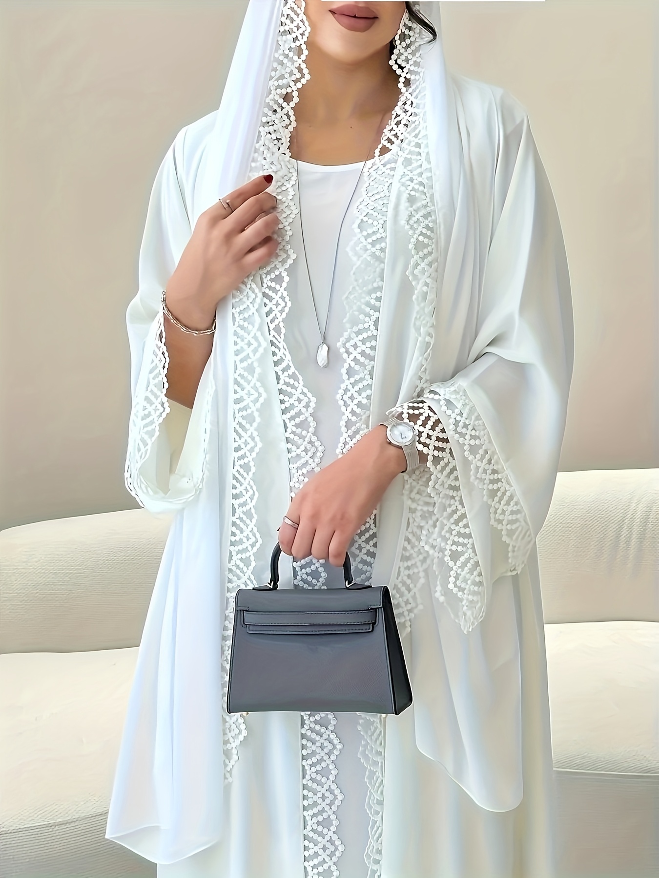 Style ethnique moyen-orient élégant ouvert devant couleur unie Robe nouveau musulman ample confortable respirant plage vacances blanc Cardigan dubaï saoudien traditionnel à manches longues Cardigan en dentelle robe de soirée