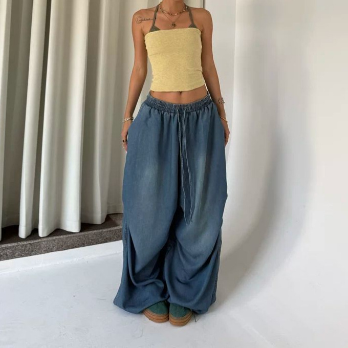 Pantalon en jean pour femme, coupe ample, taille élastique, délavage vintage, longueur intégrale, avec lacets, style Y2K streetwear décontracté, Printemps 2026