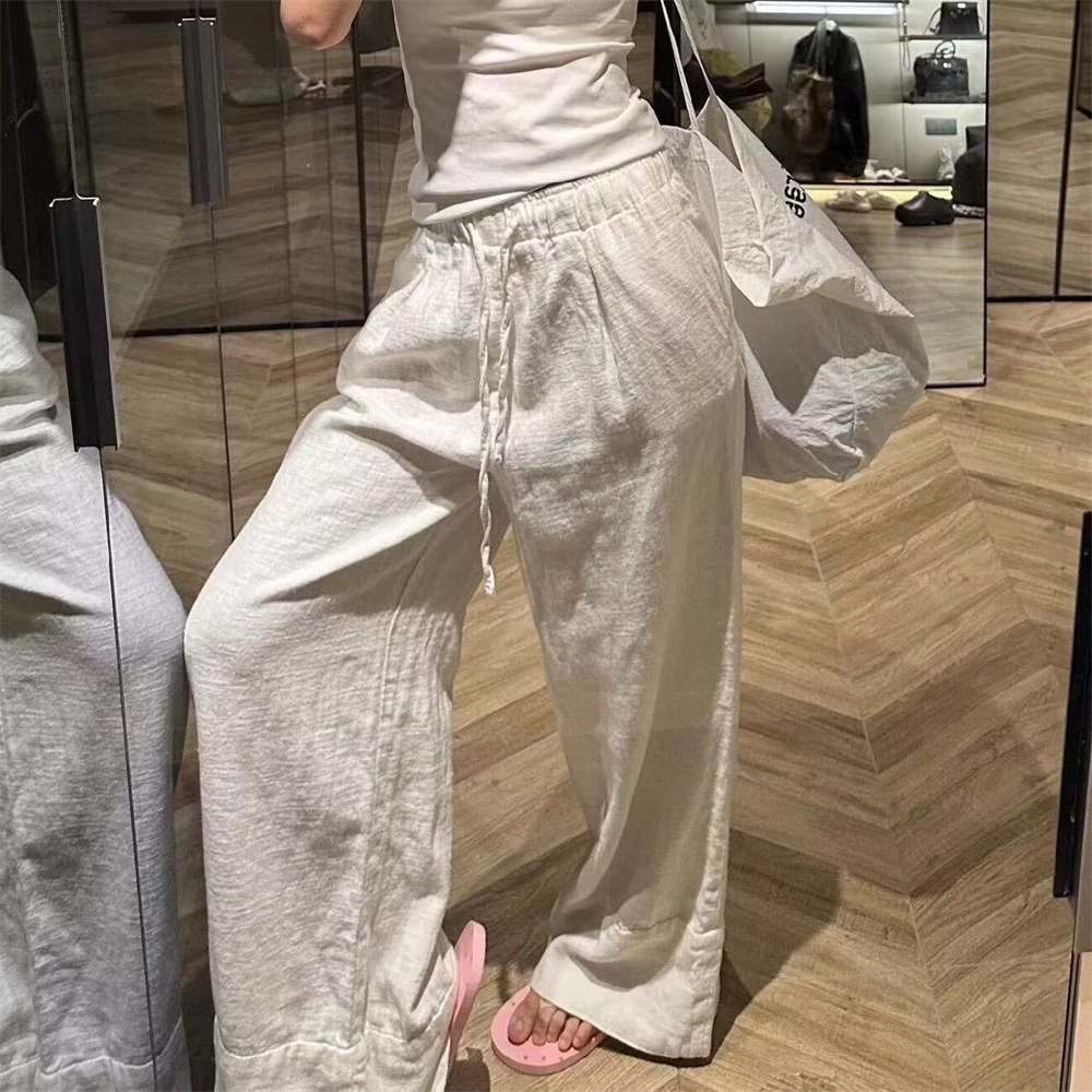 Pantalon décontracté en coton et lin de style coréen, taille élastique, doublé, blanc, coupe ample, long, pour femme, streetwear