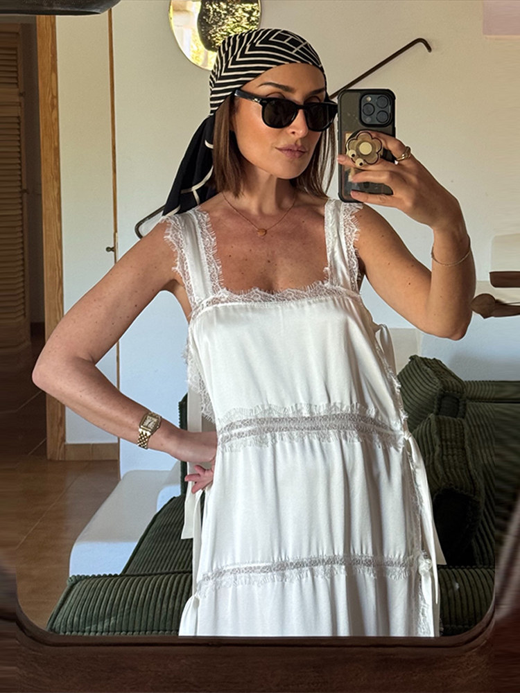 Robe décontractée en dentelle patchwork pour femme, chic, unie, à lacets, sans manches, à fines bretelles, fendue haute, longue et droite, collection été 2026