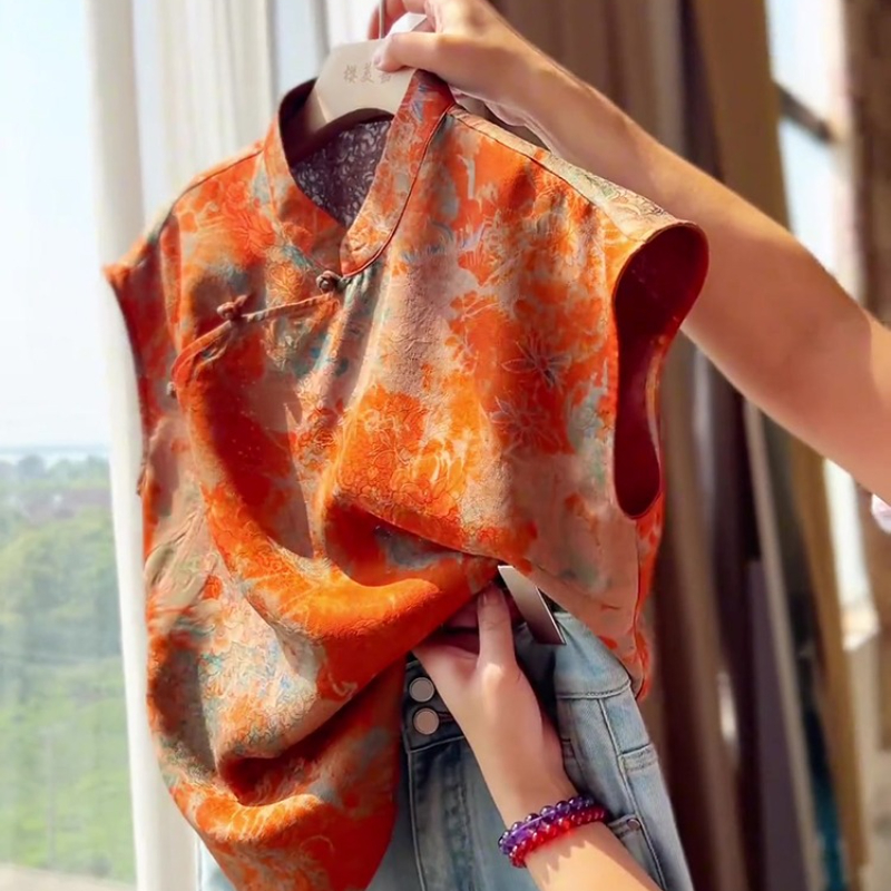 Chemisiers de Style chinois pour femmes, chemises coréennes, mode ample, vêtements Vintage imprimés, hauts sans manches pour femmes, printemps/été