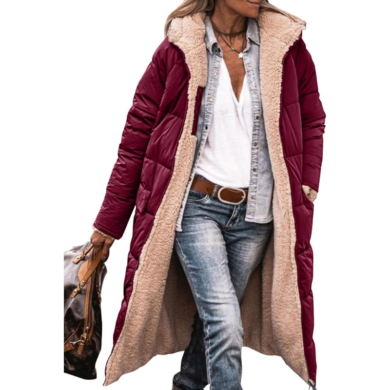 Manteaux d'hiver chauds pour femmes, vestes longues bouffantes à capuche en polaire Sherpa réversible, vêtements d'extérieur, 2023