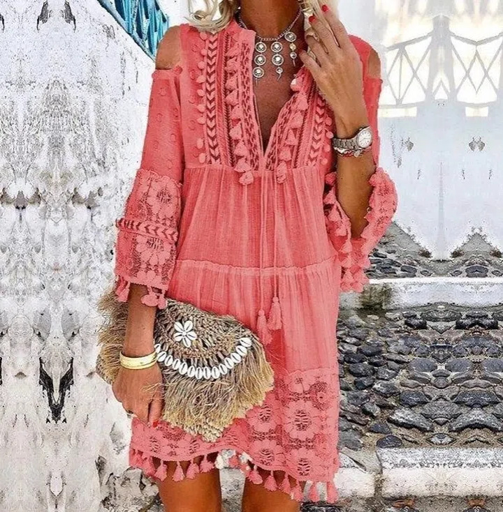 Plage Boho blanc dentelle mode ue Mini robe femmes automne Pop gland lâche col en V robes dame femme vêtements