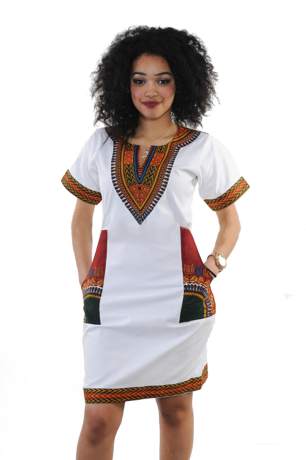 Robes africaines pour femmes, Style à la mode, manches courtes, col en v, en Polyester, longueur aux genoux, été 2022