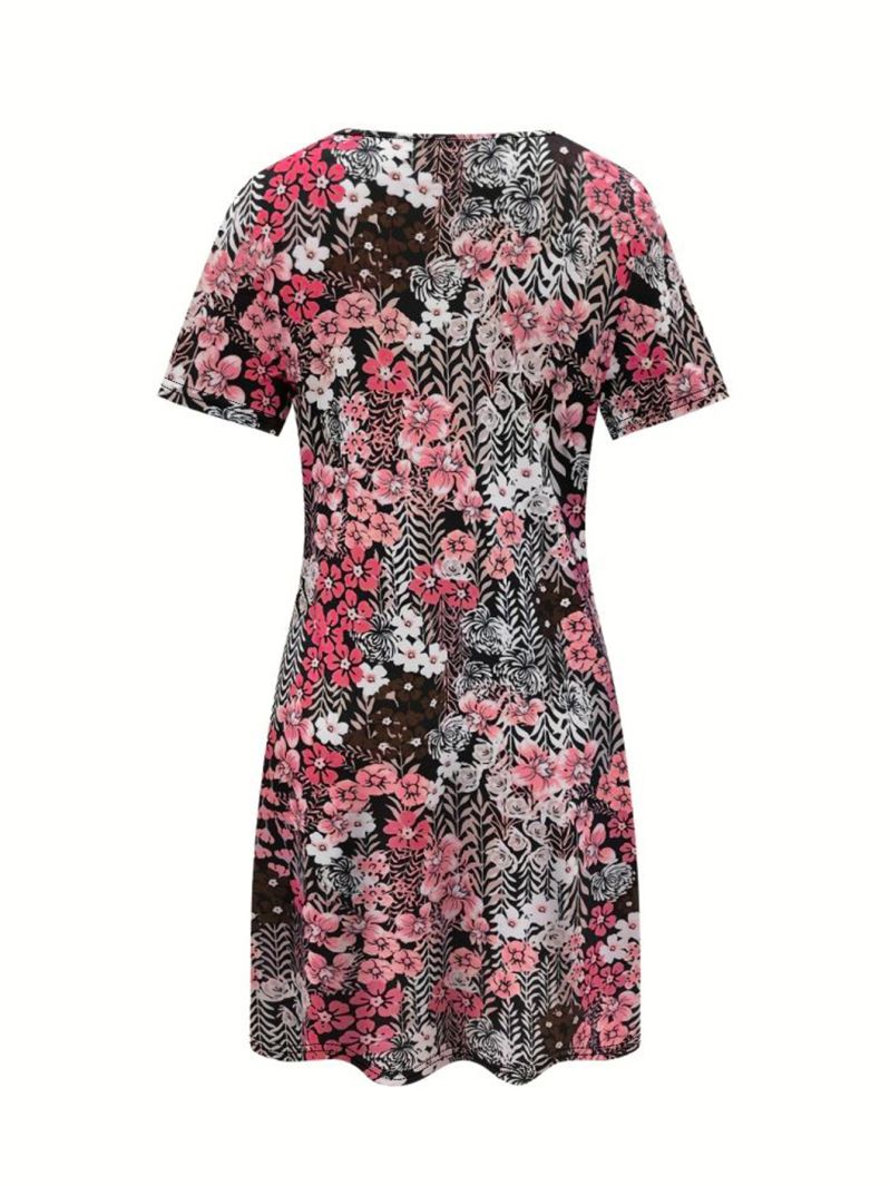 Robe florale tendance à col rond et manches courtes, coupe ample, pour femme