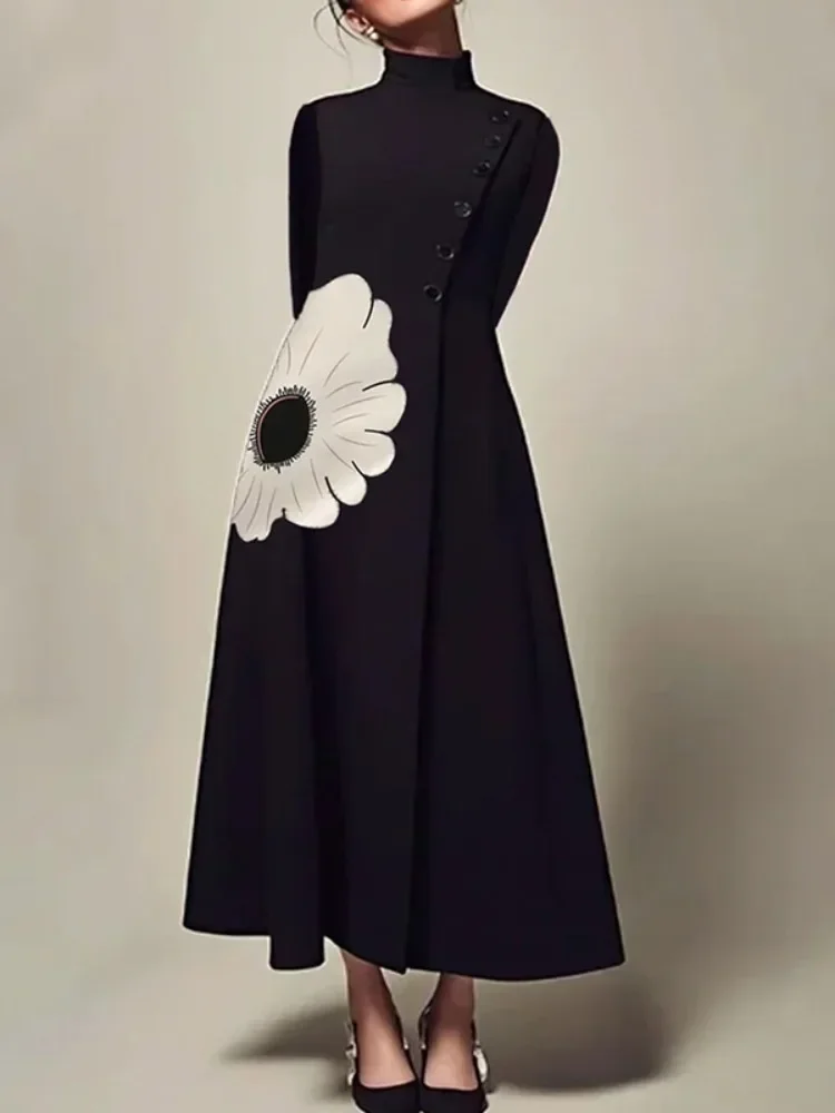 Bonboho-Robe de soirée plissée à manches longues pour femme, imprimé floral, col montant, taille haute, ligne A, automne