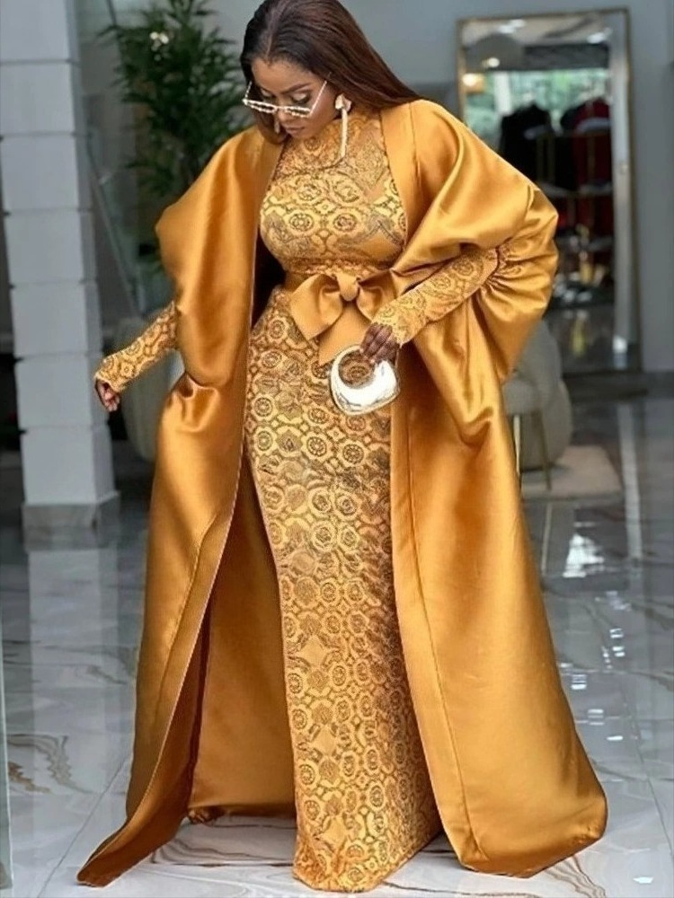 Ensemble deux pièces africain élégant en dentelle, moulante à l'intérieur, avec ceinture à nœud transparent, Kaftan Boubou, Robe brillante, pour occasions d'événements de mariage