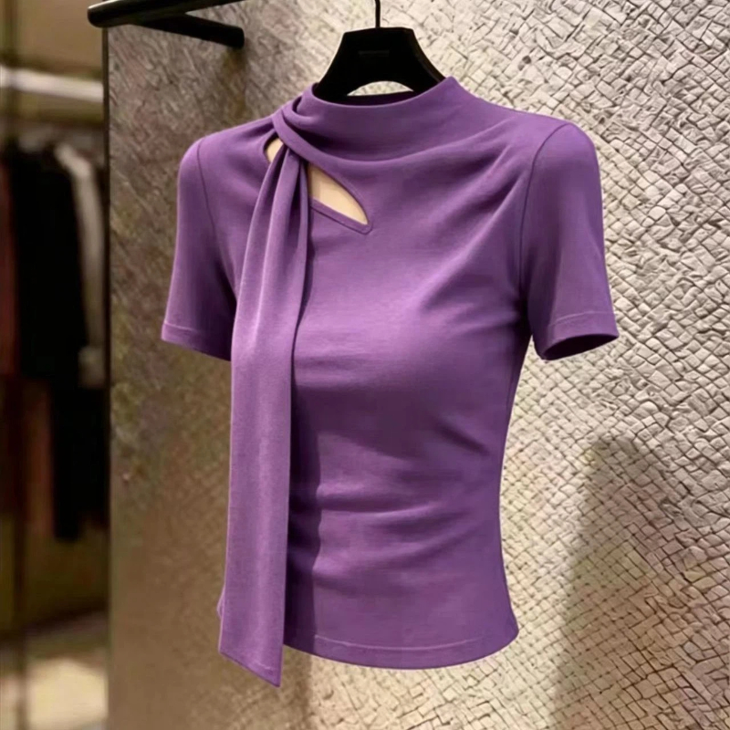 Nouveaux T-shirts d'été à manches courtes, coupe ajustée, ajourés, unis, col rond, style simple et élégant, sexy et tendance pour femmes