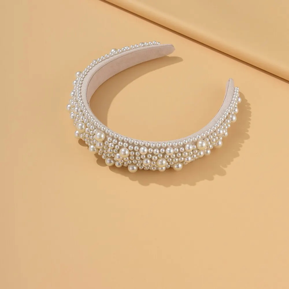 Cerceau de cheveux large fait à la main pour femmes, bande de sauna pour patients de mariage, vêtements de sauna pour filles, bijoux de mariage, perle blanche, accessoires pour cheveux, 2023