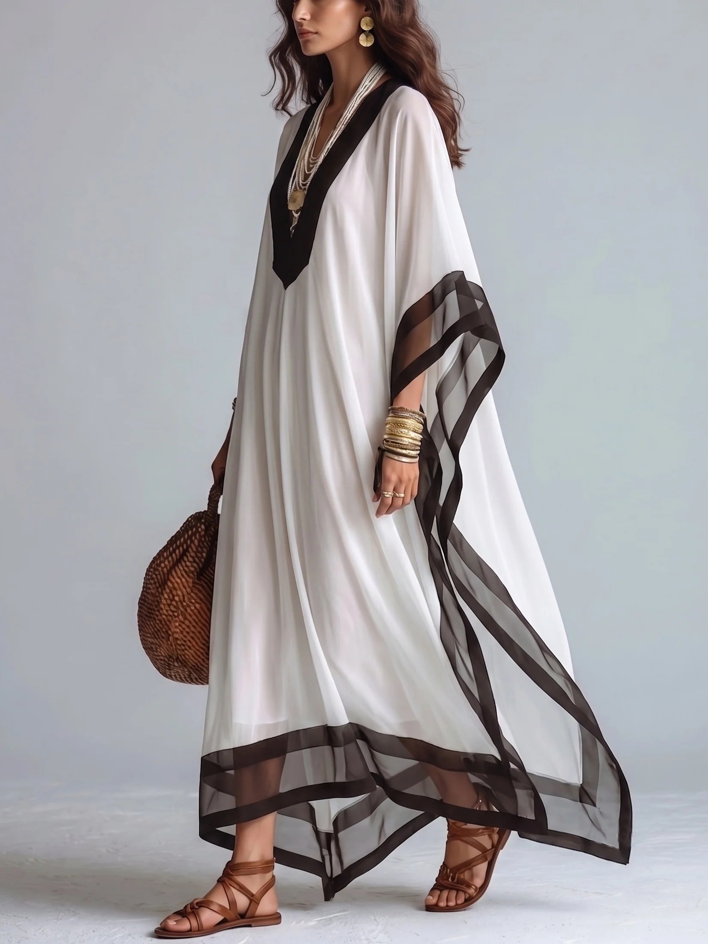 Robe longue kaftan pour femme en mousseline, col en V, manches chauve-souris, coupe ample, avec bordure contrastante blanc et noir, idéale comme tenue de plage ou robe décontractée de vacances