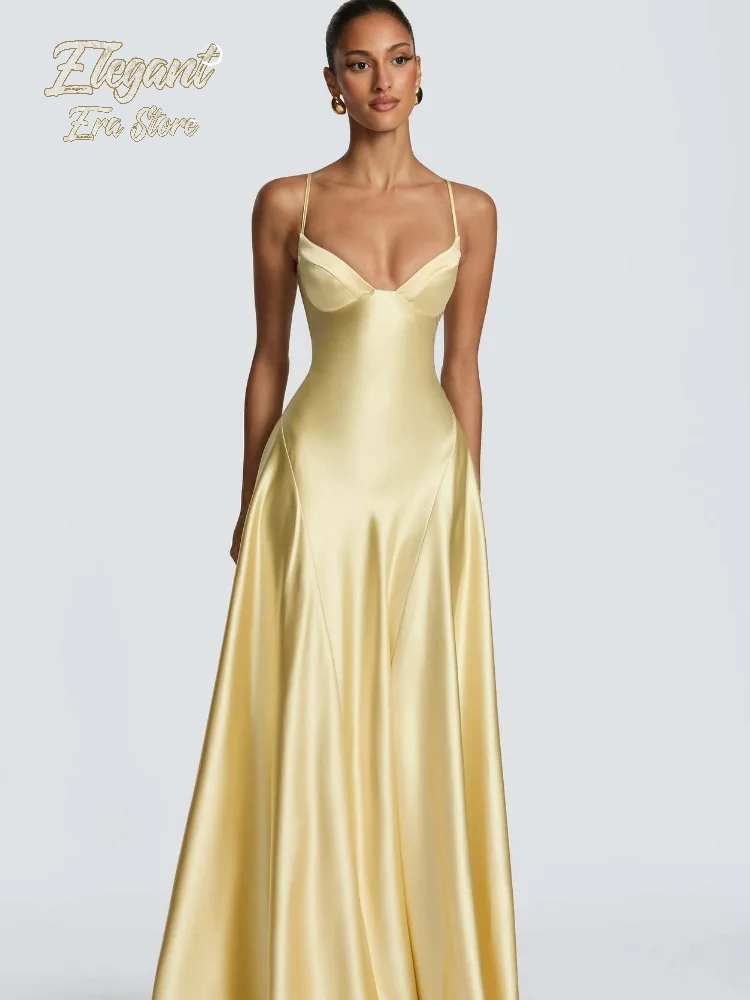 Robe longue bustier en satin couleur unie pour femme, jaune tendance, à fines bretelles, col en V, cintrée à la taille, Nouveauté 2026, Robes de soirée