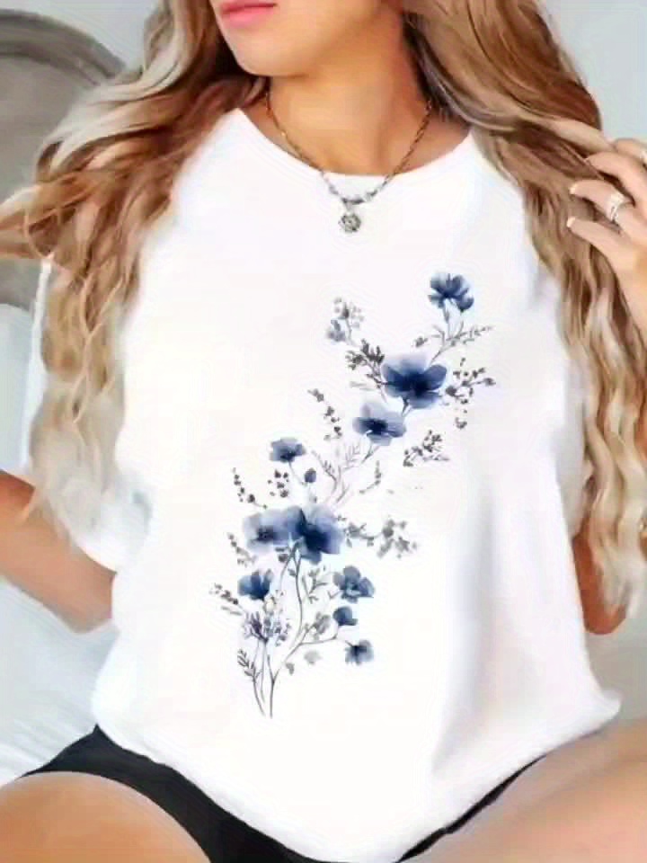 T-Shirt à imprimé Floral pour femmes, bleu, Design Floral, décontracté, col rond, manches courtes, printemps été automne, haut tendance pour dames