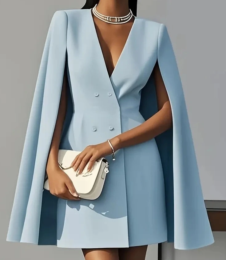 Femmes robes 2025 printemps automne nouveau déplacement Double boutonnage châle Cape couleur unie col en v Mini robe mode vêtements pour femmes