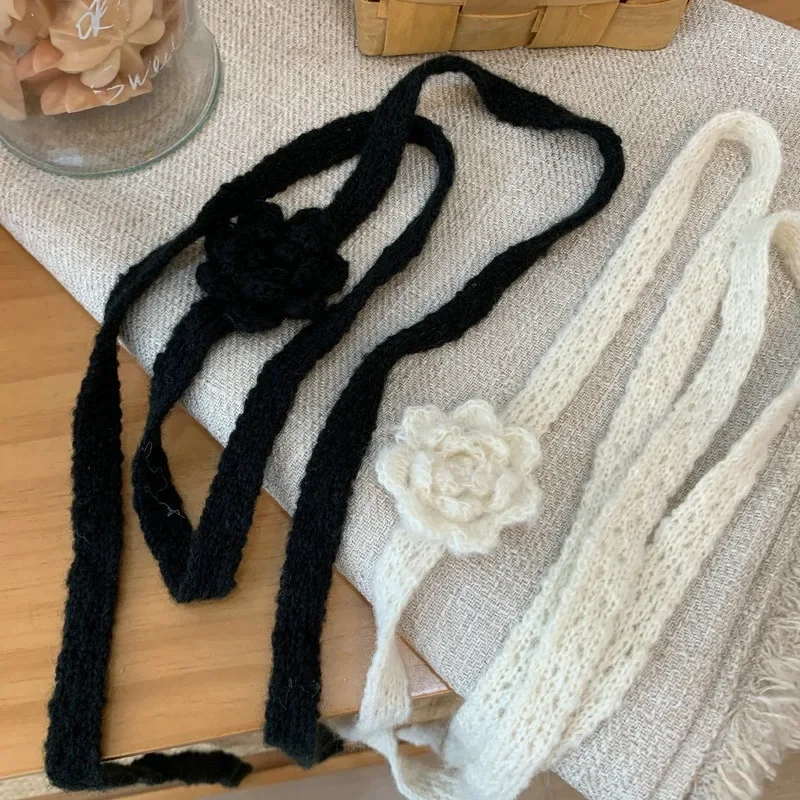 Écharpe fine en rose rouge pour femmes, style printemps-automne, tricotée à la main, crochetée, bande étroite, tendance, polyvalente