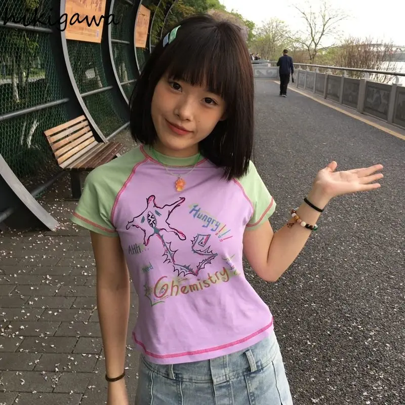 Femmes Vêtements D'été T-shirts Contraste Couleur Décontracté Mode T-shirts O-cou Manches Courtes Tunique Récolte T-shirt 2025 Ropa Mujer Y2k Hauts