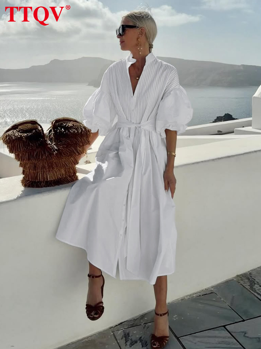 Robe décontractée en coton blanc ample pour femme TTQV, col montant, manches mi-longues, robe midi élégante classique à lacets pour femme