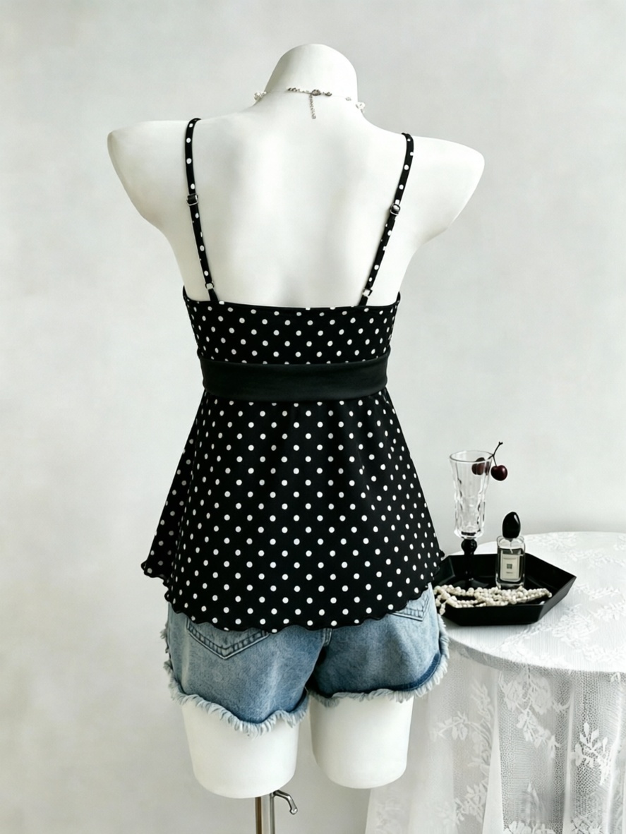 Camisole Femme à Bretelles Fines, Col Contrastant, Taille Nouée Latérale, à Pois, Ourlet Festonné, Style Y2K, Été 2026, pour Sorties, Décontracté, Streetwear