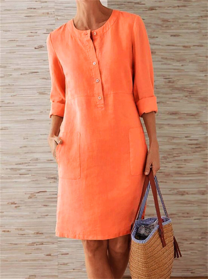 Femmes confortable décontracté coton lin robes 2025 automne couleur unie poches latérales robe femme O cou pull à manches longues robe