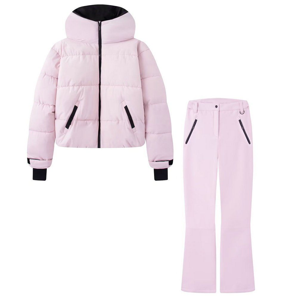 Combinaisons de ski pour femmes, parkas rembourrées chaudes à capuche et fermeture éclair, épaisses, roses, 2 pièces, ensembles de vêtements pour femmes, pantalons coupe-vent, pantalons de survêtement